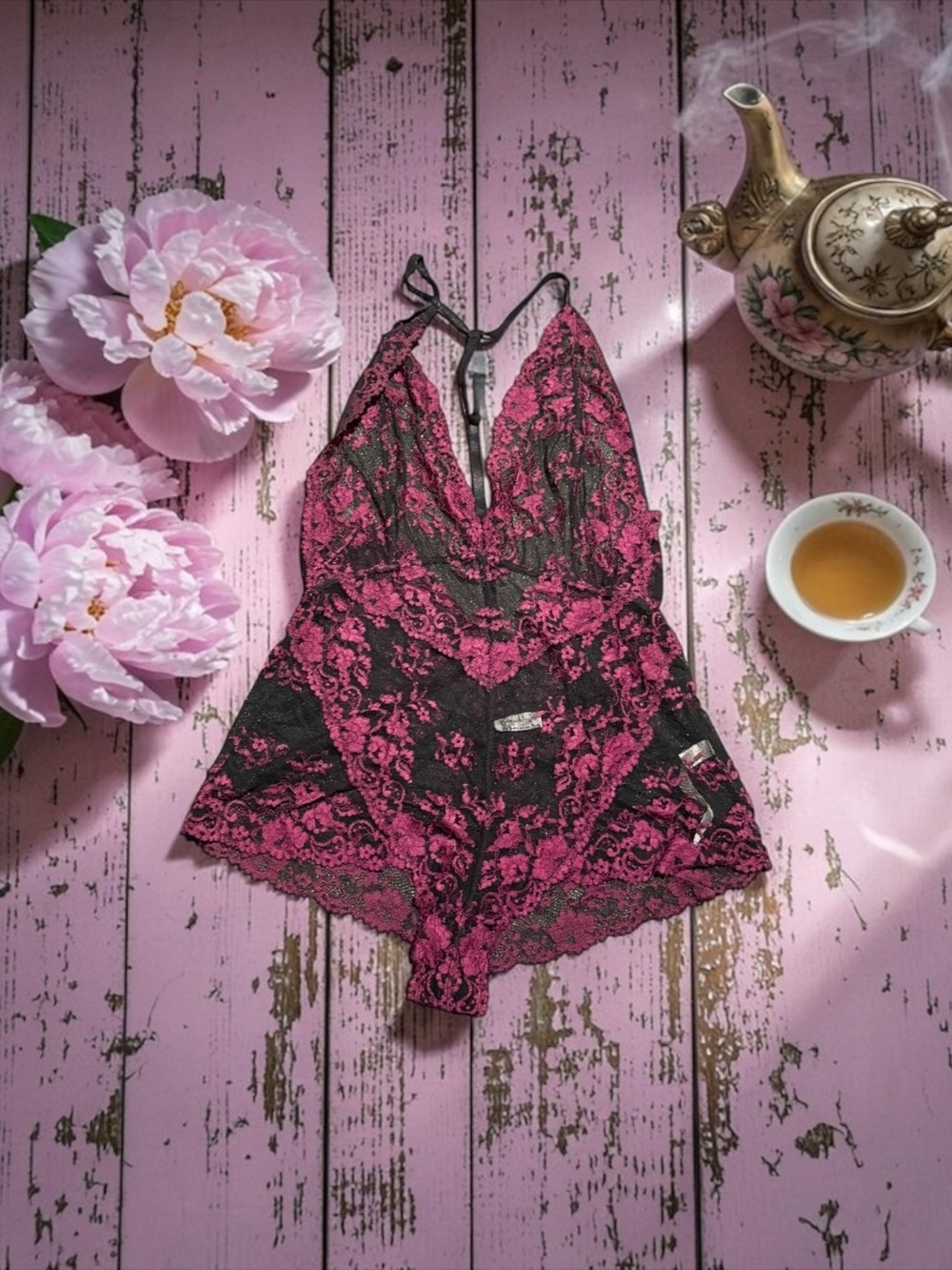 Free People Pink & Black Lace Plunging Teddy
